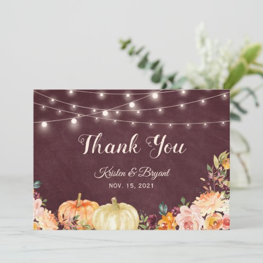 Rustic Autumn Pumpkin Burgundy Floral String Light Bedankkaart (Staand voorkant)