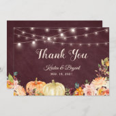 Rustic Autumn Pumpkin Burgundy Floral String Light Bedankkaart (Voorkant / Achterkant)