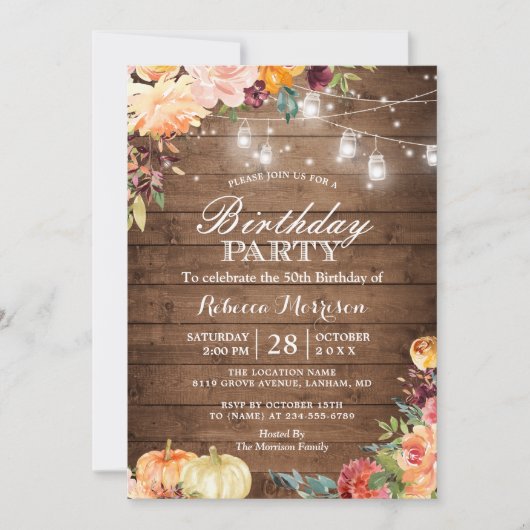Rustic Autumn Pumpkin Floral Birthday Party Kaart (Voorkant)