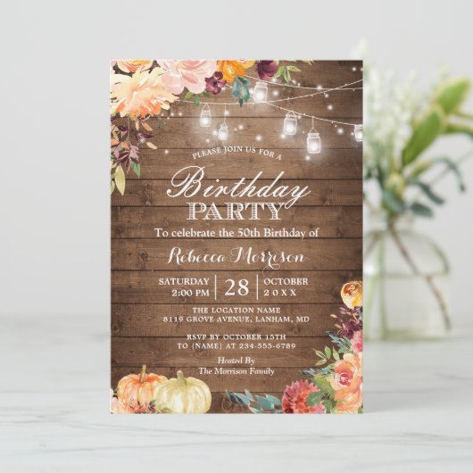 Rustic Autumn Pumpkin Floral Birthday Party Kaart (Staand voorkant)