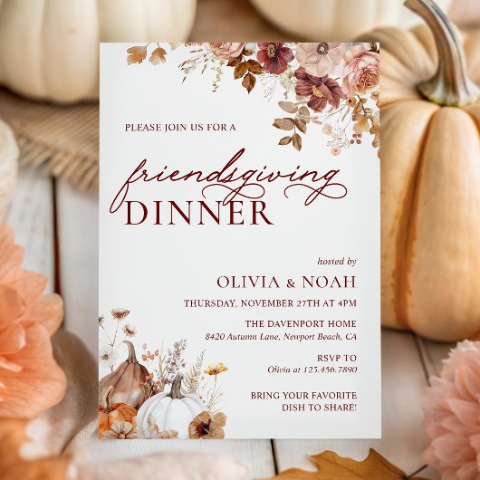 Rustic Autumn Pumpkin Floral Friendsgiving Dinner Kaart