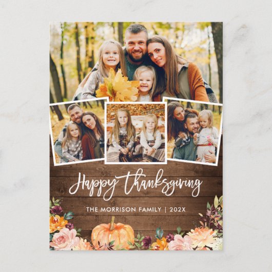 Rustic Autumn Pumpkin Floral Thanksgiving Foto Briefkaart (Voorkant)