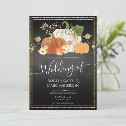 Rustic Autumn Pumpkin Glitter Wedding Invitation Kaart (Staand voorkant)