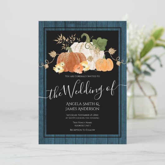 Rustic Autumn Pumpkin Glitter Wedding Invitation Kaart (Staand voorkant)