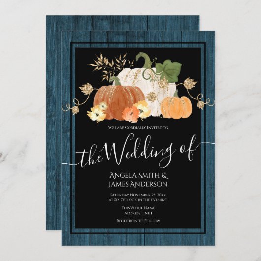 Rustic Autumn Pumpkin Glitter Wedding Invitation Kaart (Voorkant / Achterkant)