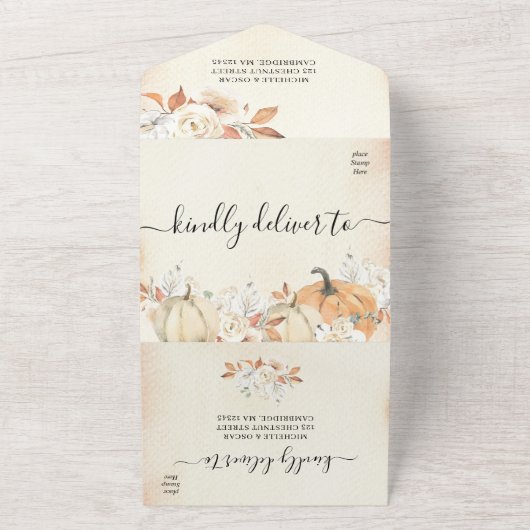 Rustic Autumn Pumpkins & Flowers All In One Uitnodiging (Buitenkant)