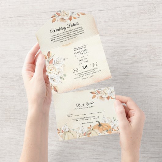 Rustic Autumn Pumpkins & Flowers All In One Uitnodiging (Afscheurbaar)