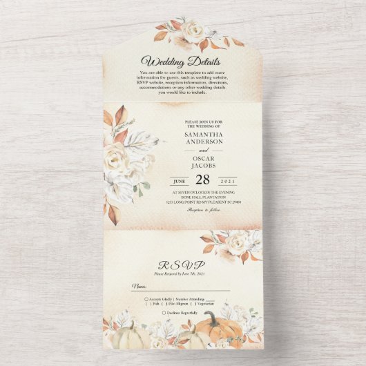 Rustic Autumn Pumpkins & Flowers All In One Uitnodiging (Binnen)