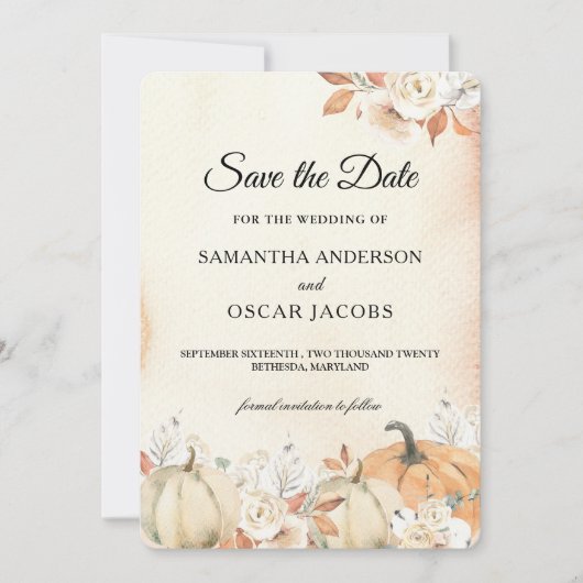 Rustic Autumn Pumpkins & Flowers Save The Date (Voorkant)