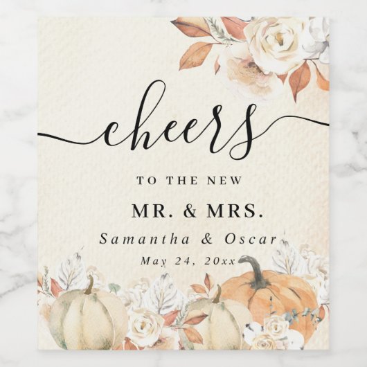 Rustic Autumn Pumpkins & Flowers Wijn Etiket (Enkel label)