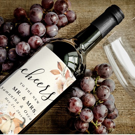 Rustic Autumn Pumpkins & Flowers Wijn Etiket