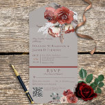 Rustic Autumn Rust Floral Grey QR Code All In One Uitnodiging<br><div class="desc">BESCHIKBAAR MET OF ZONDER EEN QR-CODE OM IN HET RSVP-GEBIED TE SCAN. Dit ontwerp is voorzien van aardtoon, herfst gekleurde bloemen in roest, wit en ivoor, met grijs en groen aangestoken tinten, tegen een bruine grijze achtergrond. Voeg een code QR aan uw uitnodiging toe zodat de gasten tot uw trouwwebsite...</div>