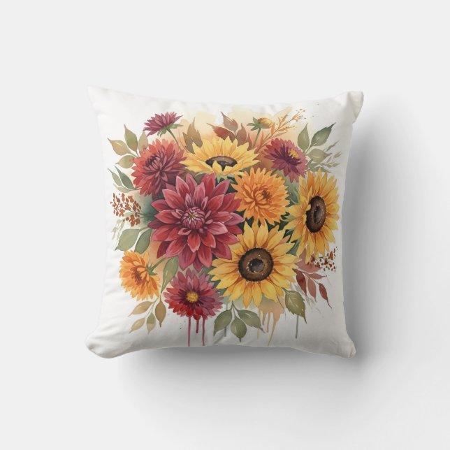 Rustic Autumn Sunflower and Burgundy Dahlia Kussen (Voorkant)