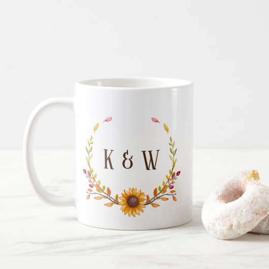 Rustic Autumn Sunflower Duo Monogram Koffiemok (Met donut)