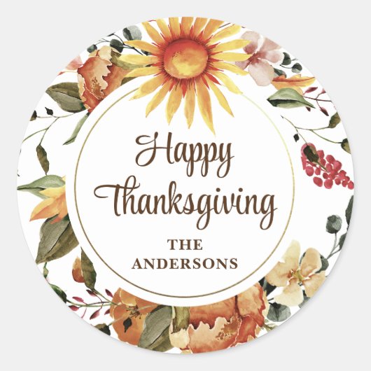 Rustic Autumn Sunflower Floral Thanksgiving Script Ronde Sticker (Voorkant)