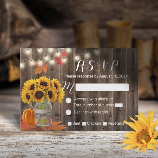 Rustic Autumn Sunflower Jar Pumpkin Wedding RSVP Kaartje