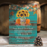 Rustic Autumn Sunflower Jar Pumpkins Blauwgroen Ba Kaart<br><div class="desc">Rustic Autumn Sunflower Jar & Pumpkins String Licht Blauwgroen Barn Wedding Invitations.</div>