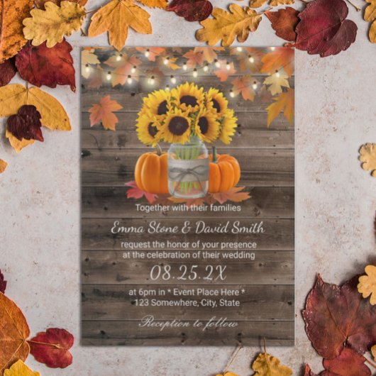 Rustic Autumn Sunflower Jar Pumpkins Fall Wedding Kaart