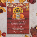 Rustic Autumn Sunflower Jar Pumpkins Red Barn Kaart<br><div class="desc">Rustic Autumn Sunflower Jar & Pumpkins String Lights Red Barn Wedding Invitations.</div>