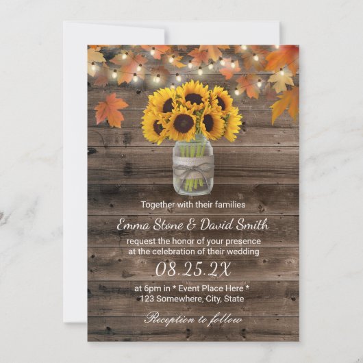 Rustic Autumn Sunflower Jar String Lights Wedding Kaart (Voorkant)