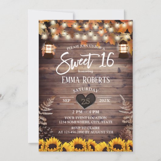 Rustic Autumn Sunflower  Lantern Sweet 16 Kaart (Voorkant)