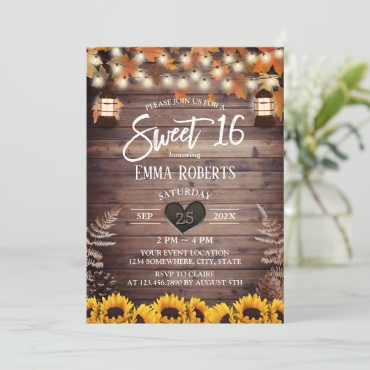 Rustic Autumn Sunflower  Lantern Sweet 16 Kaart (Staand voorkant)