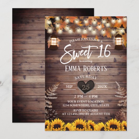 Rustic Autumn Sunflower  Lantern Sweet 16 Kaart (Voorkant / Achterkant)