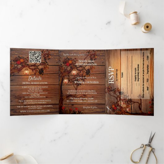 Rustic Autumn Tree Photo Wedding  Drieluik Uitnodiging (Binnen)