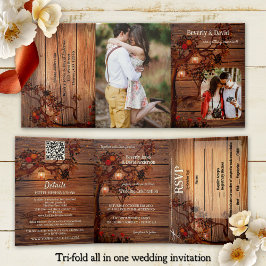 Rustic Autumn Tree Photo Wedding  Drieluik Uitnodiging