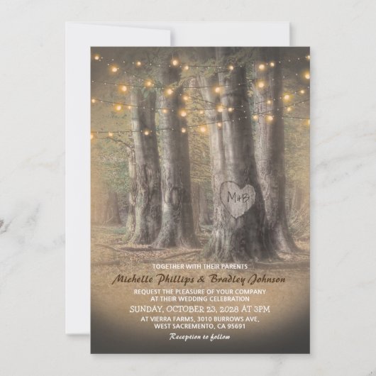 Rustic Autumn Tree & String Lights Wedding Kaart (Voorkant)