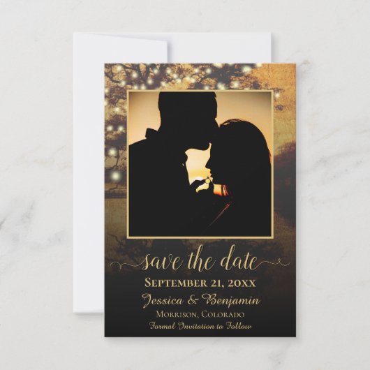 Rustic Autumn Tree with Lights Photo Wedding Save The Date (Voorkant)