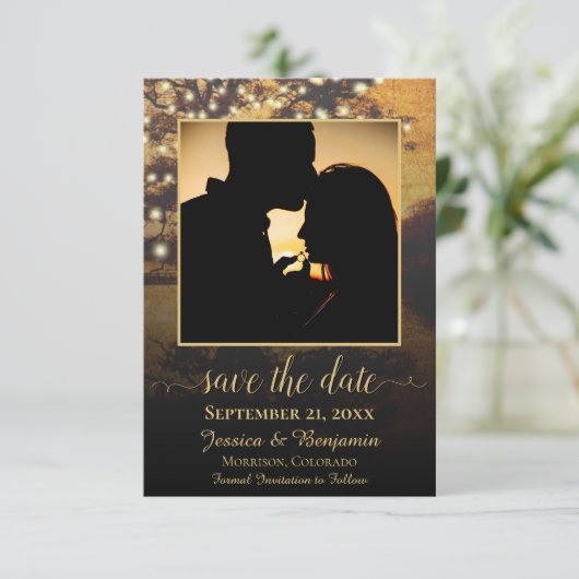 Rustic Autumn Tree with Lights Photo Wedding Save The Date (Staand voorkant)