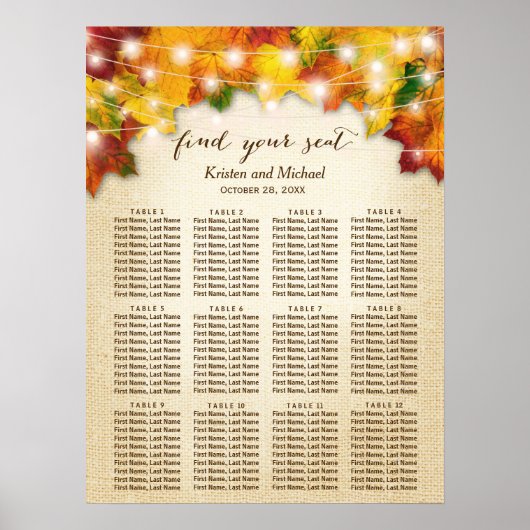 Rustic Autumn verliest String Lights Seating Chart Poster (Voorkant)