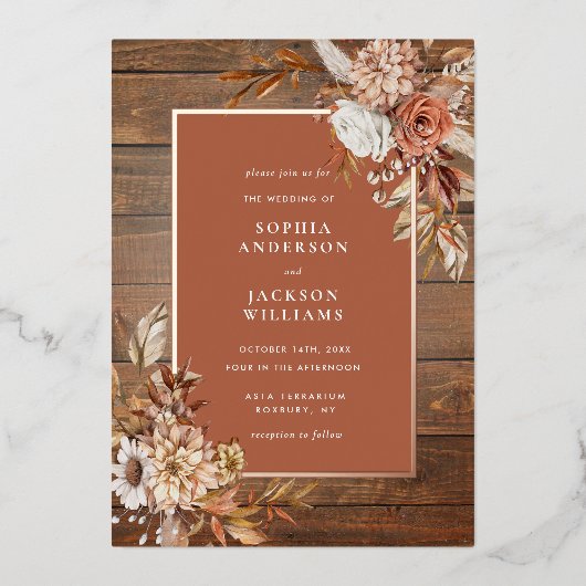 Rustic Autumn Waterverf Floral Wedding Folie Invi Folie Uitnodiging (Voorkant)