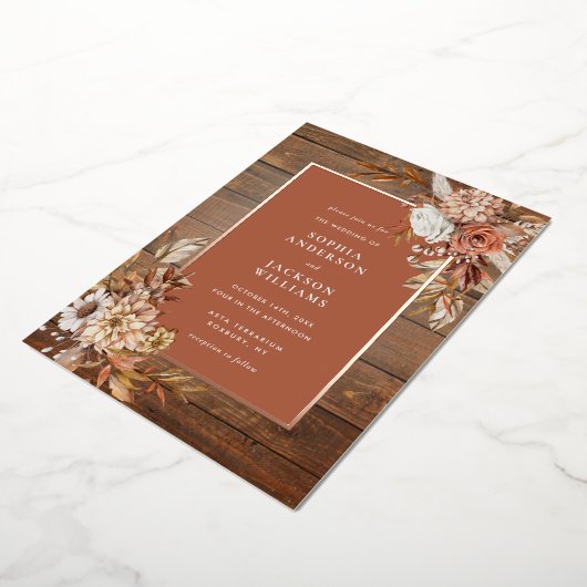 Rustic Autumn Waterverf Floral Wedding Folie Invi Folie Uitnodiging (Gedraaid)