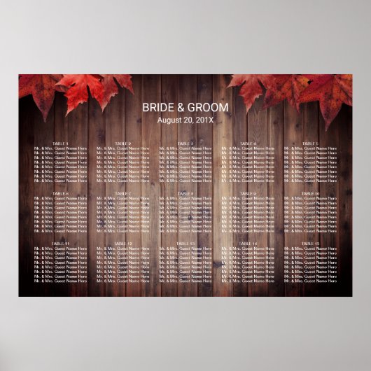 Rustic Autumn Wedding 15 Tables Seating Chart Poster (Voorkant)