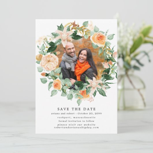Rustic Autumn Wreath Photo Wedding Save the Date (Staand voorkant)