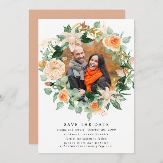 Rustic Autumn Wreath Photo Wedding Save the Date (Voorkant / Achterkant)
