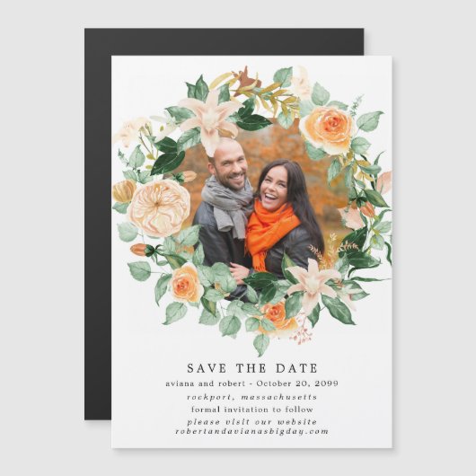 Rustic Autumn Wreath Photo Wedding Save the Date Magnetische Uitnodiging (Voorkant / Achterkant)