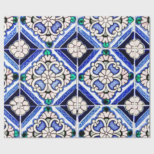 Rustic Azulejo Spain Pattern Tiles Navy White Cadeaupapier (Vlak)