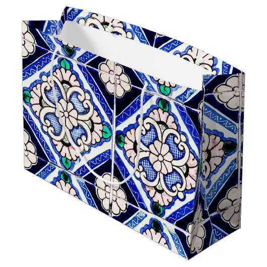 Rustic Azulejo Spain Pattern Tiles Navy White Groot Cadeauzakje (Achterkant Gekanteld)