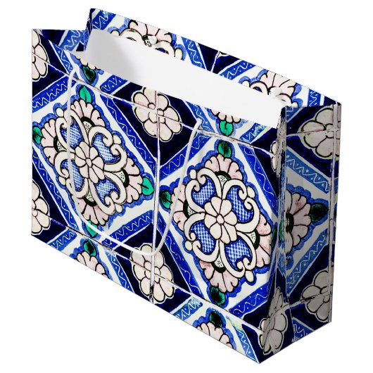 Rustic Azulejo Spain Pattern Tiles Navy White Groot Cadeauzakje (Voorkant Gekanteld)