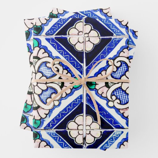 Rustic Azulejo Spain Pattern Tiles Navy White Inpakpapier Vel (In situ)