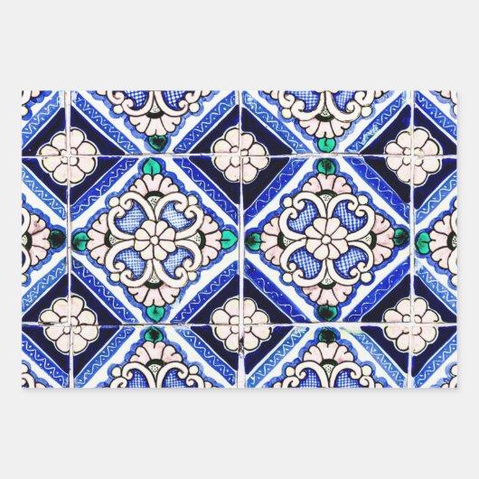 Rustic Azulejo Spain Pattern Tiles Navy White Inpakpapier Vel (Voorkant)