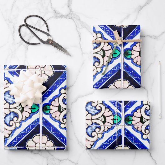 Rustic Azulejo Spain Pattern Tiles Navy White Inpakpapier Vel (Voorkant)