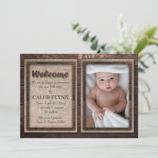 Rustic Baby Boy Aangepaste Fotogeboorte Aankondigi Aankondiging (Staand voorkant)