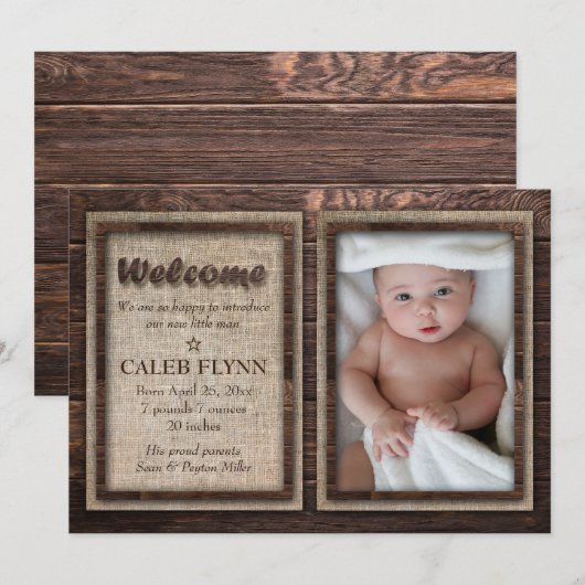 Rustic Baby Boy Aangepaste Fotogeboorte Aankondigi Aankondiging (Voorkant / Achterkant)