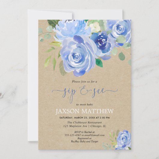 Rustic Baby boy Sip zie blauwe bloemen waterverven Kaart (Voorkant)