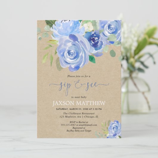 Rustic Baby boy Sip zie blauwe bloemen waterverven Kaart (Staand voorkant)