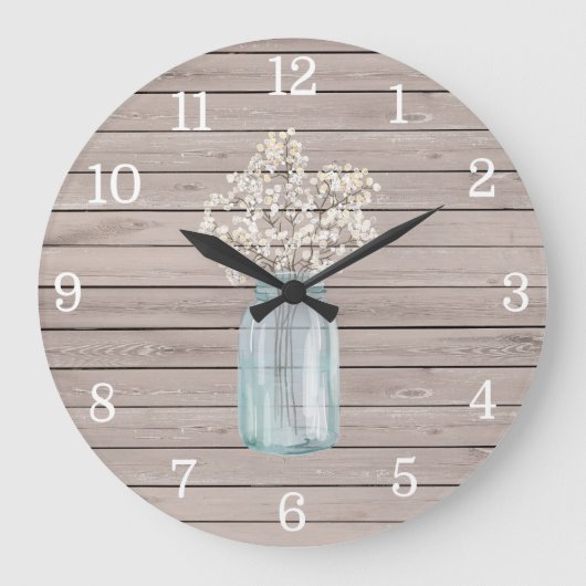 Rustic Baby Breath Mason Jar Clock Grote Klok (Voorkant)